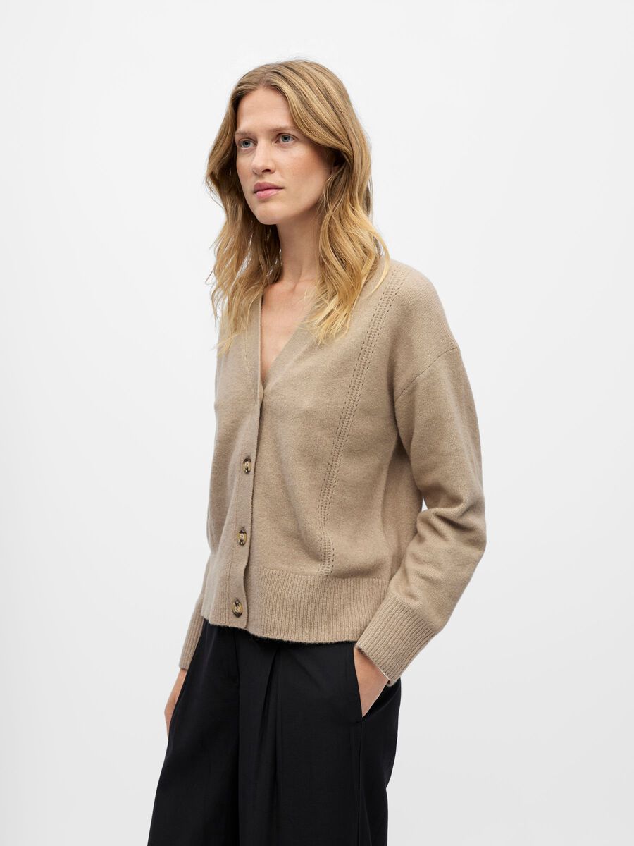 Product carousel image - BUTTON V-NECK CARDIGAN, Desert Taupe | 1