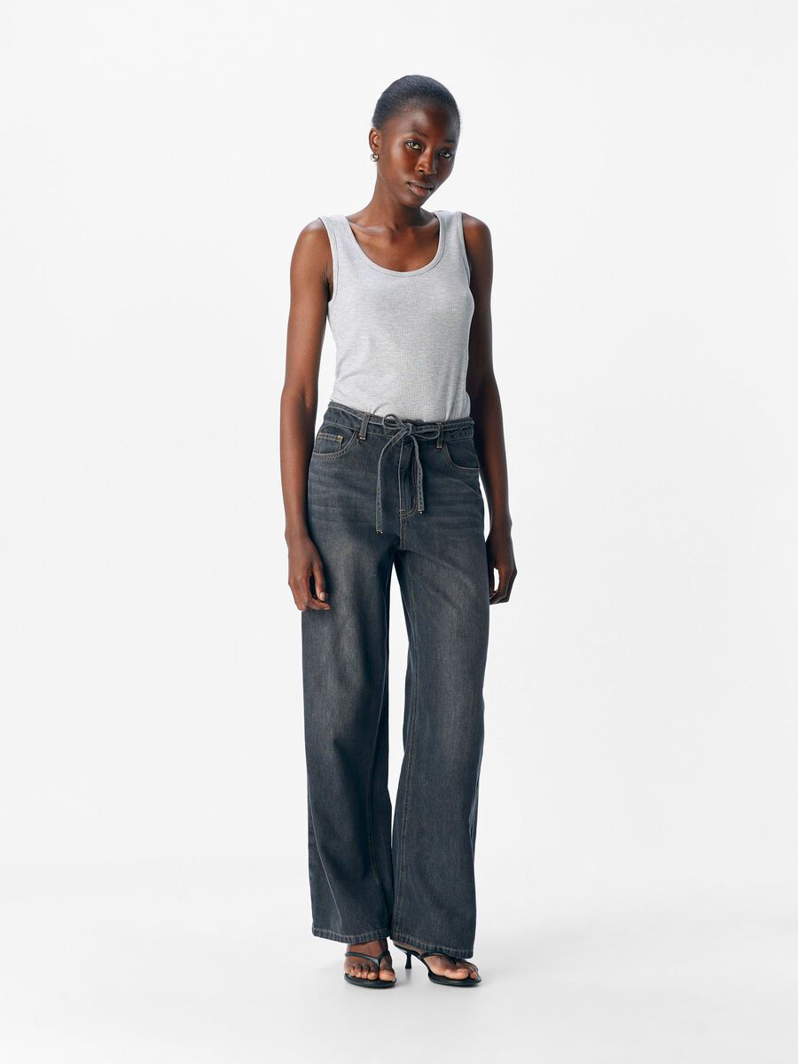 Product carousel image - TIE-WAIST WIDE LEG JEANS, Medium Grey Denim | 1