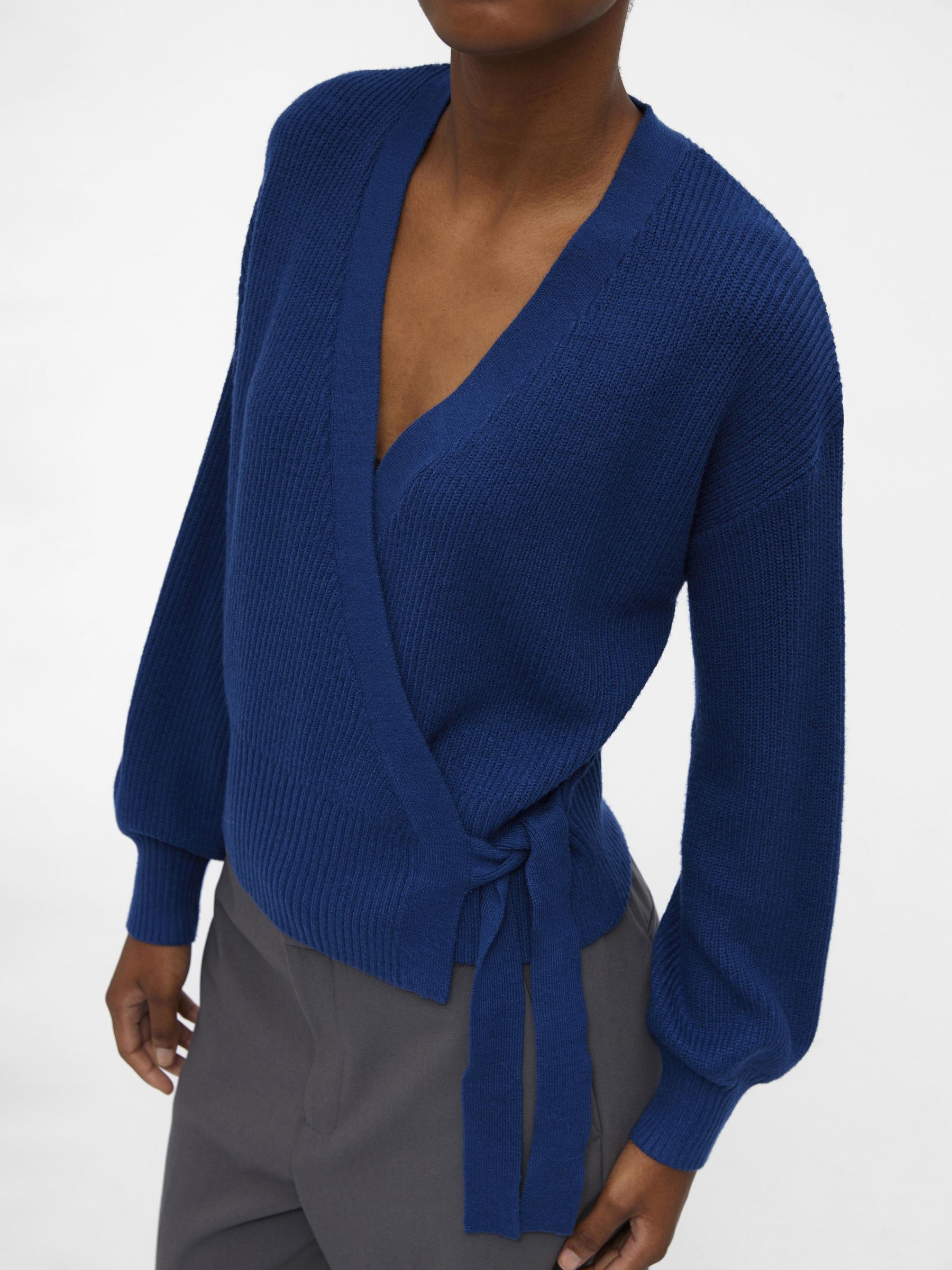 Navy blue wrap sweater on sale