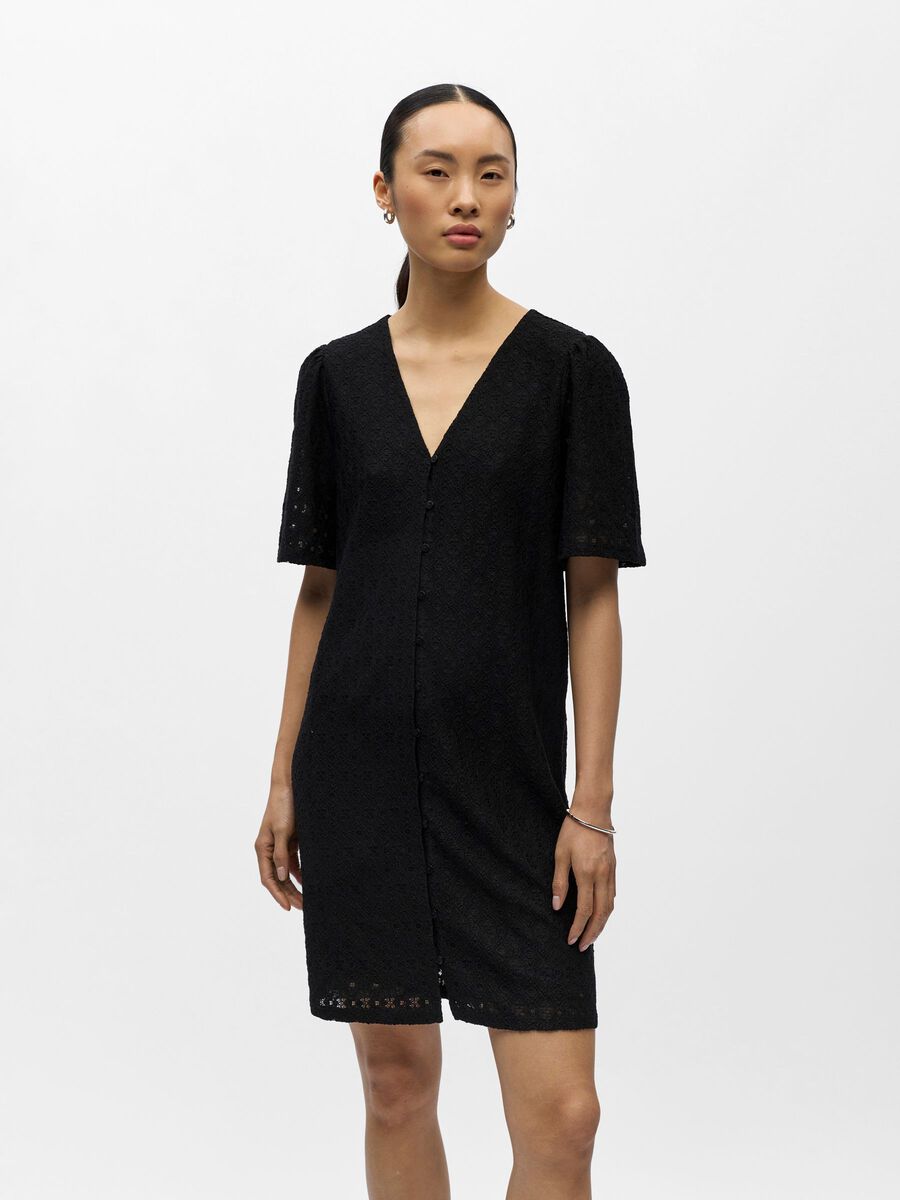 Product carousel image - TEXTURED V-NECK MINI DRESS, Black | 1