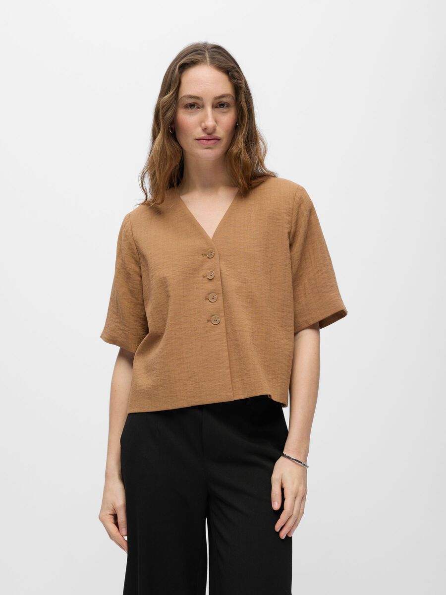 Product carousel image - V-NECK BUTTON BLOUSE, Toasted Coconut | 1