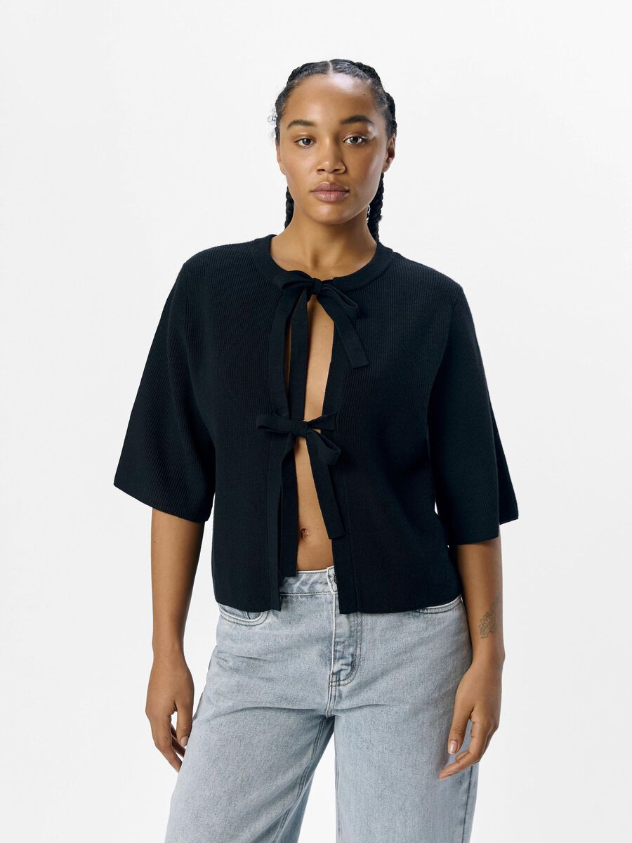 OBJECT SHORT-SLEEVED KNITTED CARDIGAN, Black, highres - 23044018_Black_003.jpg
