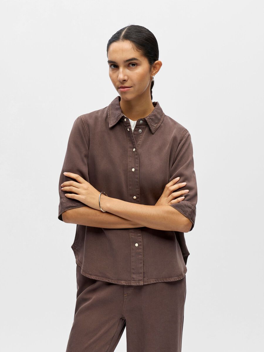 Product carousel image - SHORT-SLEEVED DENIM SHIRT, Seal Brown | 1