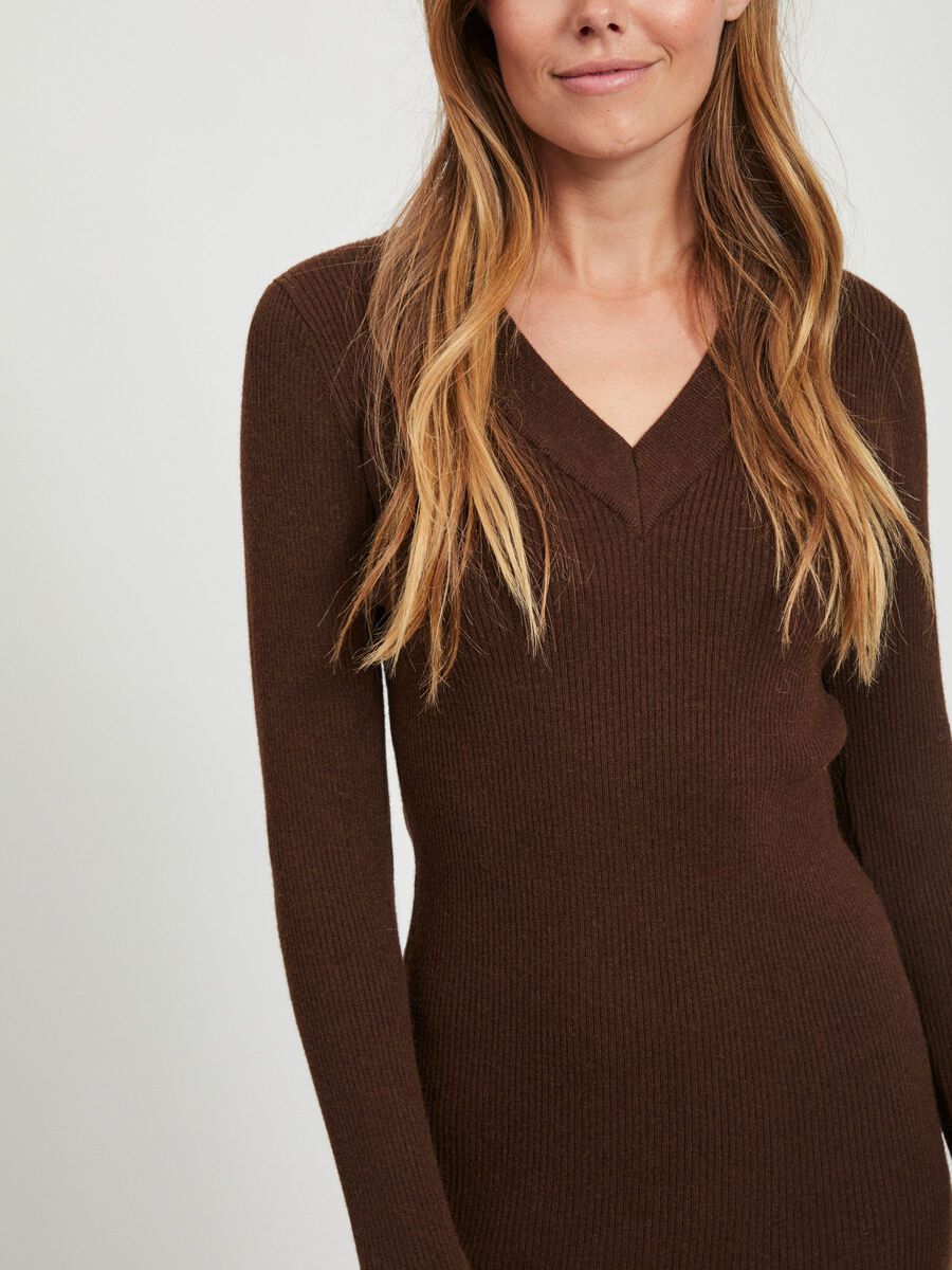 Carousel image - V-HALS GEBREIDE JURK, Chicory Coffee | 6