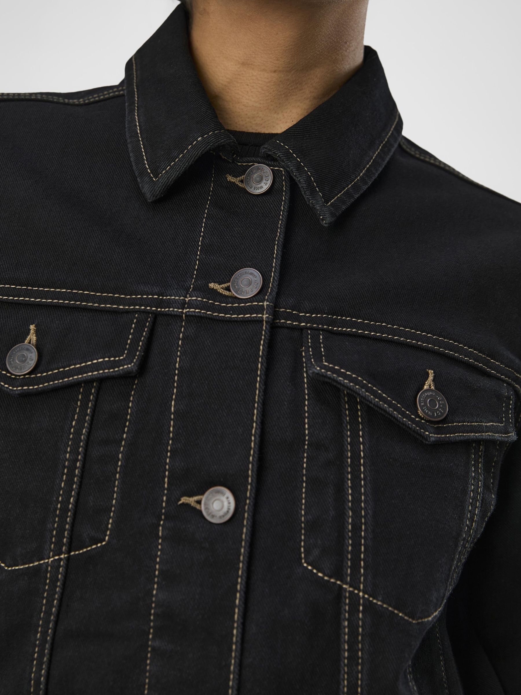 Black cropped denim jacket with white stitching online