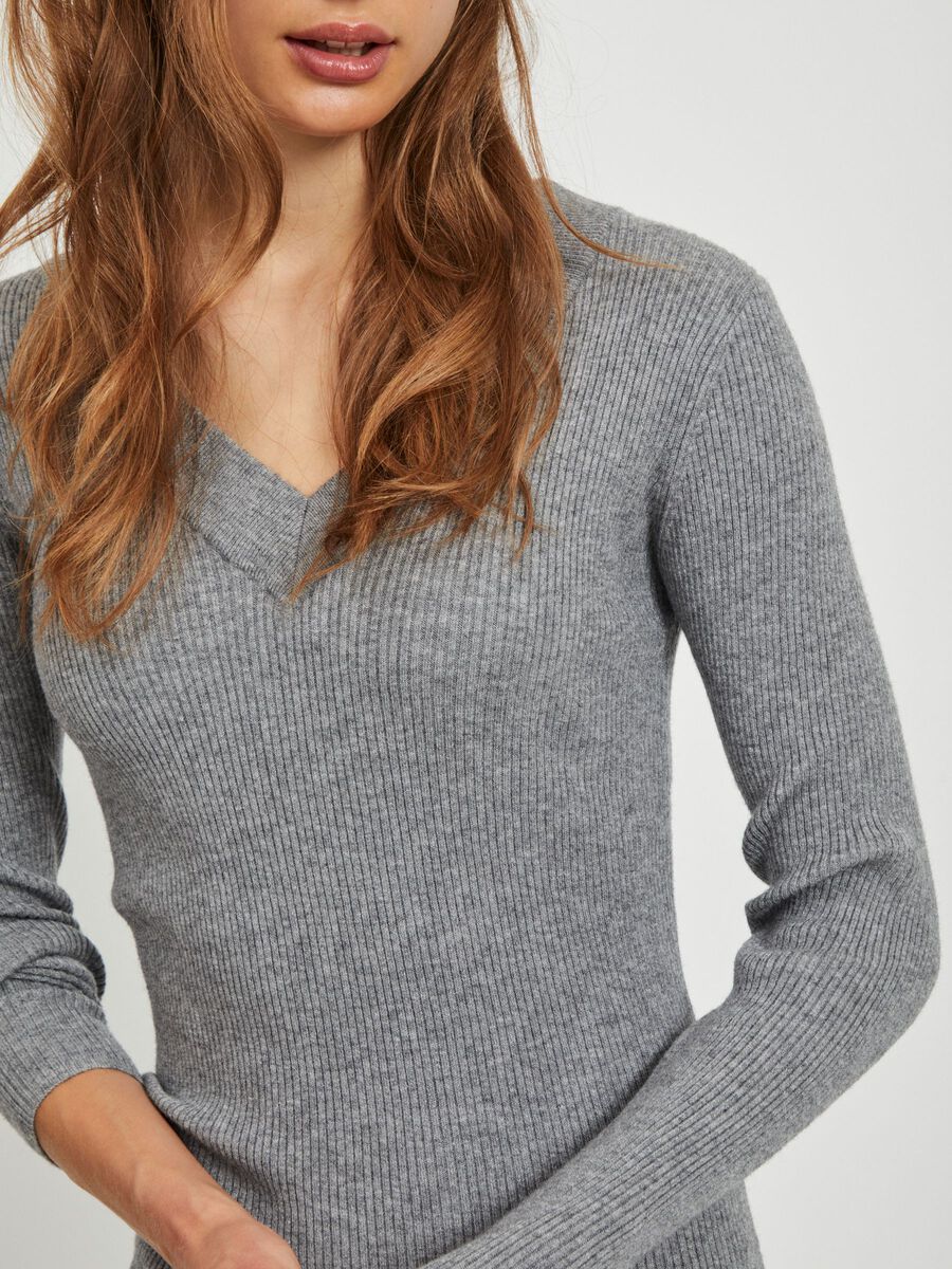 Carousel image - V-NECK KNITTED DRESS, Medium Grey Melange | 6