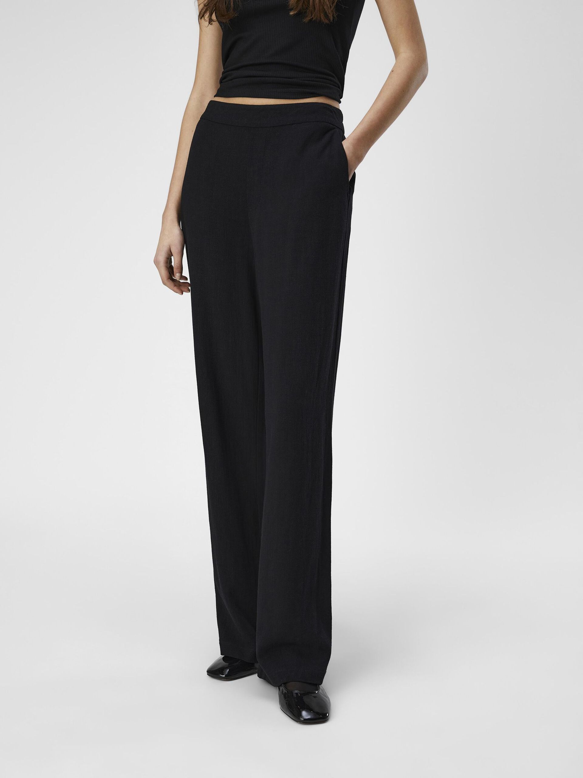 Carousel image - EN LIN MÉLANGÉ PANTALON À JAMBE AMPLE, Black | 3