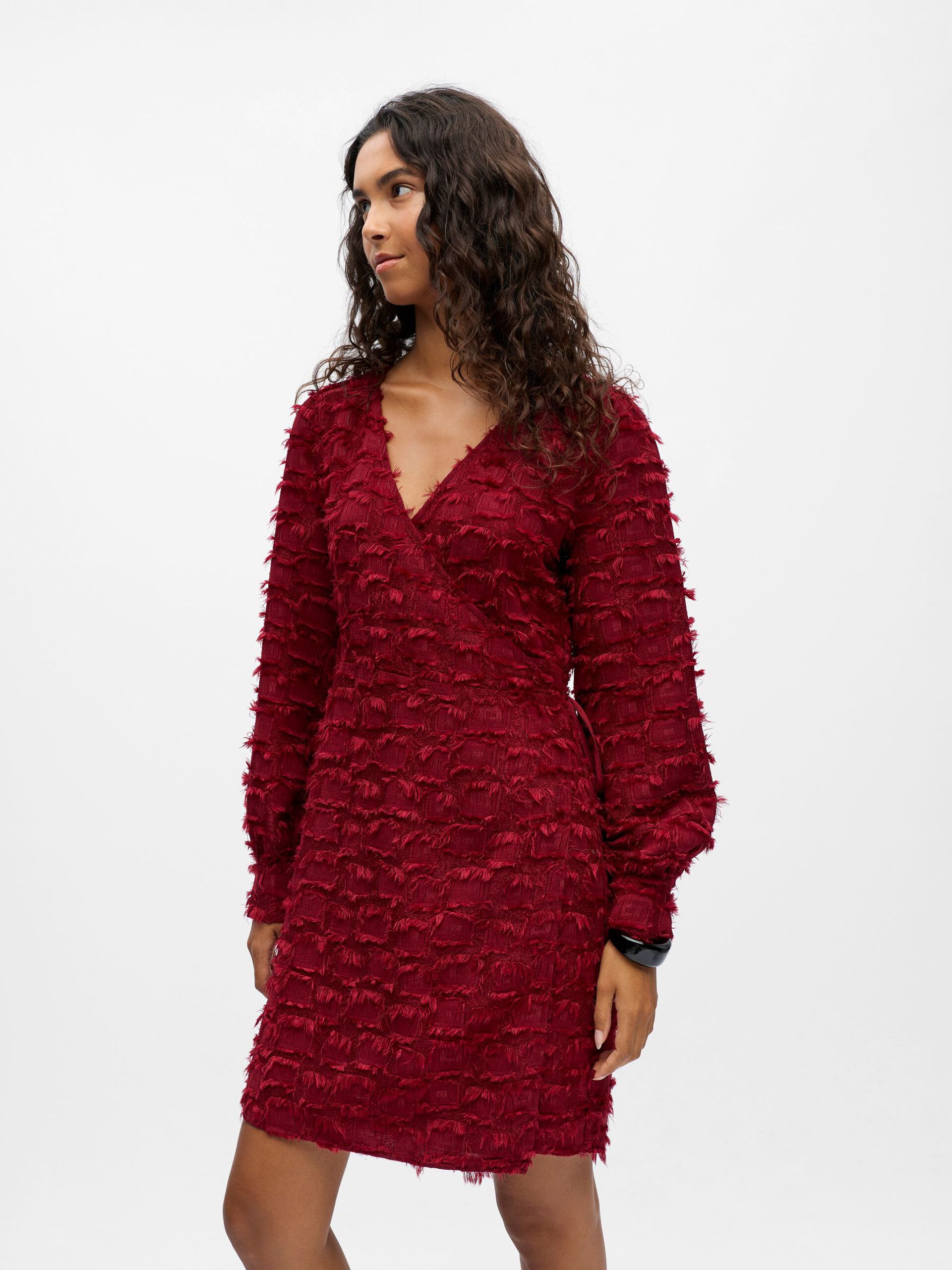 Rode Long Sleeve Jurk Met Elegante Print En V Hals