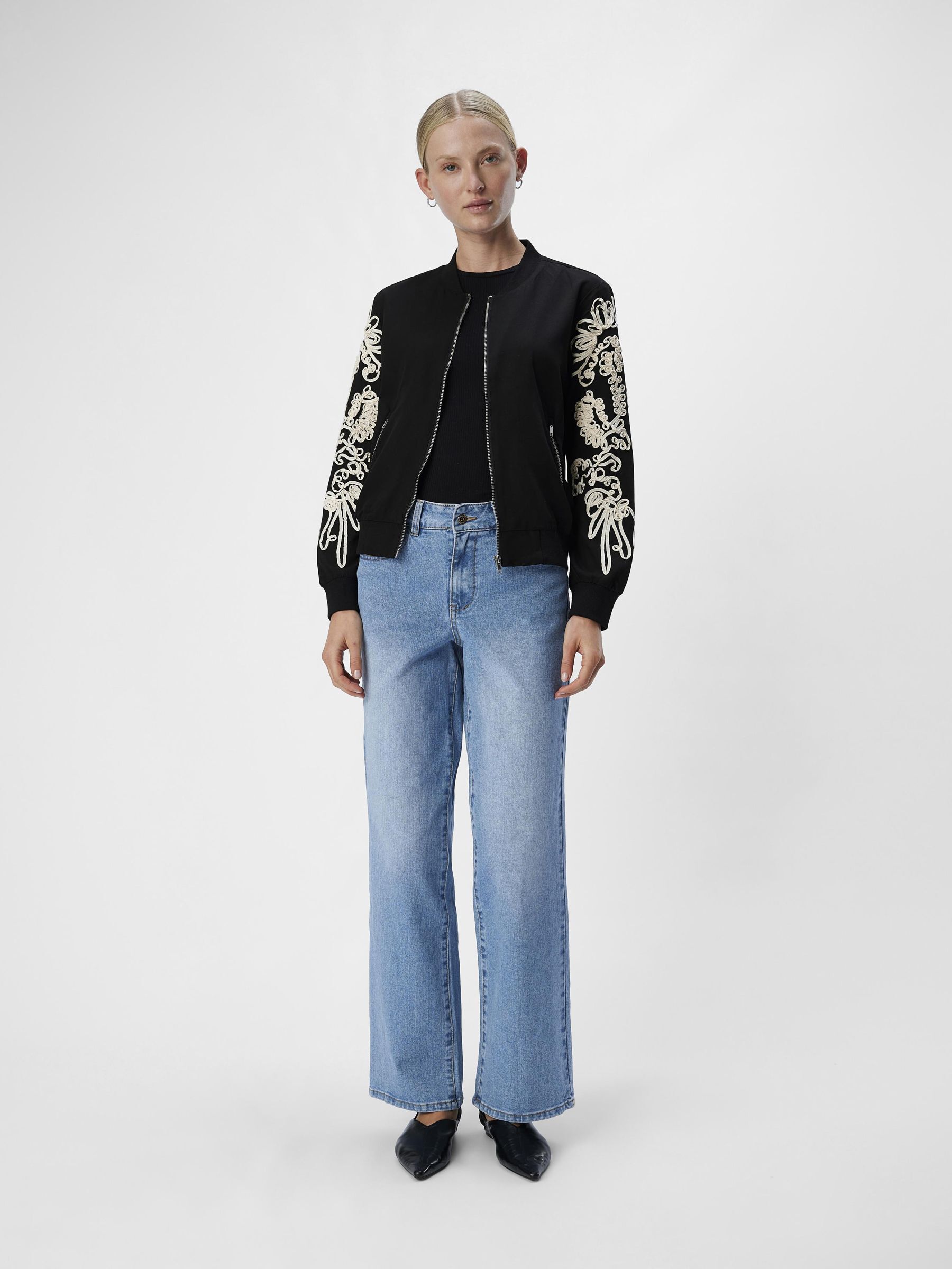 Black embroidered bomber jacket deals